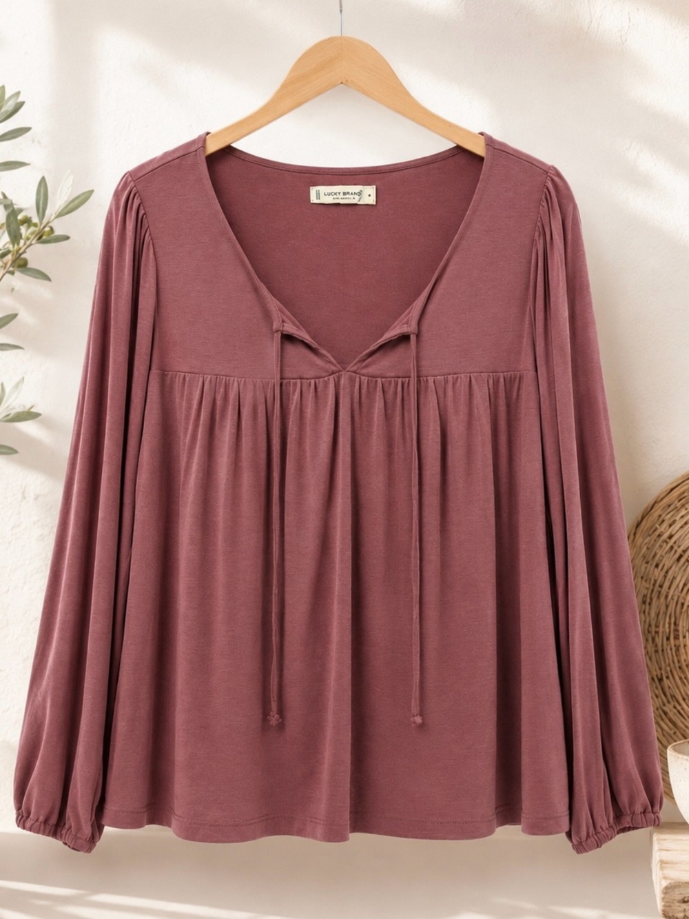 ✨ Lucky Brand Top Dusty Rose Pink Sandwash Tie Neck Blouse Size M ✨